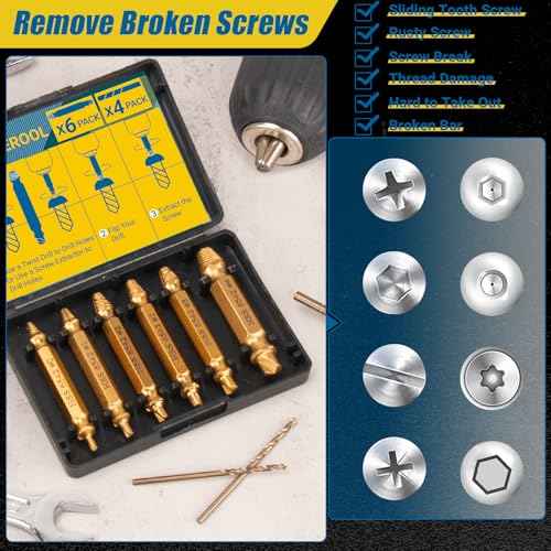 10 PCS Damaged Screw Extractor Set, 6 PCS HSS 6542 Screw Extractor Remover Kit and 4 PCS Twist Drill Bit Kit for Stripped Screws & Drill Bit Tools, Gifts for Men