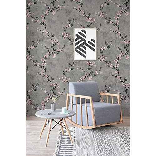 Floral Peel and Stick Wallpaper Grey Contact Paper Flower Waterproof Modern Wall Paper Decorative Removable Self Adhesive Wallpaper for Bedroom 17.7" x 118.1"