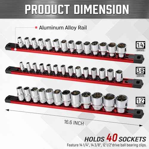ALOANES 3-Piece Magnetic Socket Organizer, Heavy Duty Aluminum Socket Rails Organizer, 360¡Æ Swivel Clips Socket Holder Kit for Tool Box, 1/2, 3/8, 1/4-Inch Socket Holder x 40 Clips (Red)