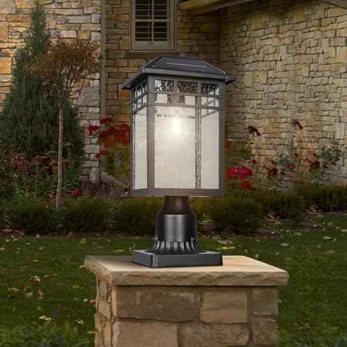 Solar Outdoor Post Light Fixture, Modern Exterior Pillar Lantern with Black Finish & Seeded Glass, Dusk to Dawn Outside Pole Light for Garden, Backyard, Courtyard, Patio, Pathway