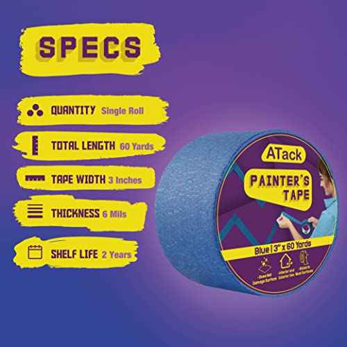 ATack Blue Painters Tape - 3-Inch x 60-Yard, 180 Ft Paint Tape for Walls, Home Painting Supplies, Wide Masking Tape for Arts & Crafts, 3D Printers, Woodworking