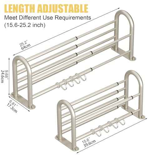 BESy Adjustable 15-25 Inch Towel Rack with Shelf for Bathroom and Lavatory Towel Shelf Double Towel Bar Rod 4 Hooks Wall Mount Multifunction Towel Holder Hotel Style Stainless Steel Brushed Nickel