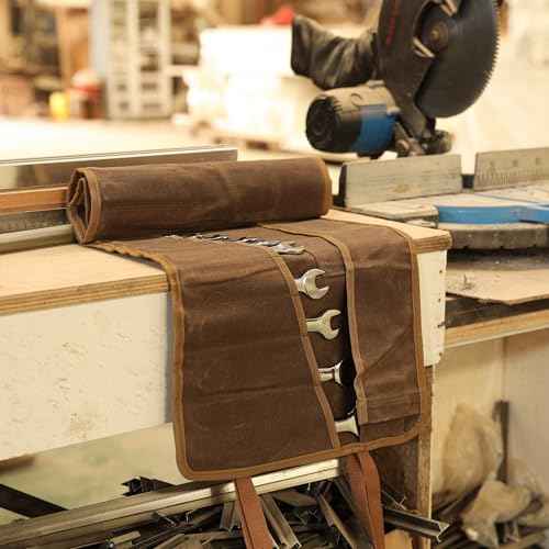 Tool Roll, Wrench Organizer Roll Up Tool Pouch with 24 Pockets | Durable Waxed Canvas 16 OZ Portable Tool Storage Carrier Bag(33.5 X 13.5 IN | Brown)
