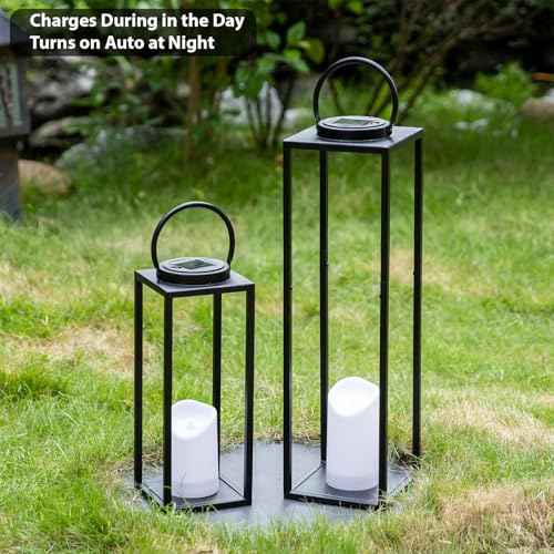 Large Solar Outdoor Lanterns, 25" 16" Tall Farmhouse Black Metal Waterproof Decorative Lanterns with Solar Candles for Front Porch, Patio, Christmas, Fall Decor- Set of 2