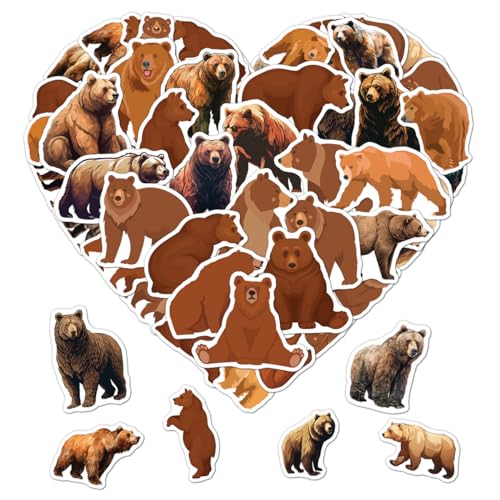 Pack 50 Pcs Cute Animal Brown Bear Stickers for Water Bottles Waterproof Laptop Luggage Computer Scrapbooking Teens Adults Girls Boys Aesthetic Sticker Packs Small Vinyl Decals