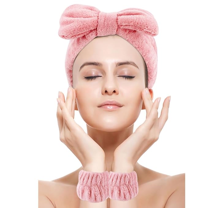 SPA Headbands for Washing Face Makeup Headbands with Bow Hair Band Women Facial Head Band Wrist Towel Wraps For Shower Face Mask Black Pink White, 12 Pack
