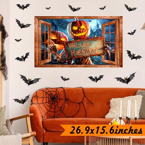 Halloween Decorations Stickers for Wall Spooky Pumpkin Bats Decals Scary Fake Window Wall Decal Peel and Stick Indoor Halloween Decor Monster Vinyl Art Mural for Living Room Haunted House Party Supply