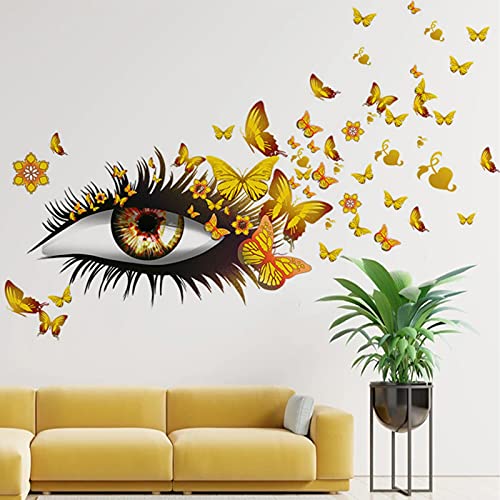 Creative Beautiful Girl Eyes Wall Sticker, Flying Butterfly Wall Decals, Girl Long Eyelashes Heart D?cor, DIY Art Vinyl Mural for Couple Lovers Girls Bedroom Living Room Decoration(Yellow)