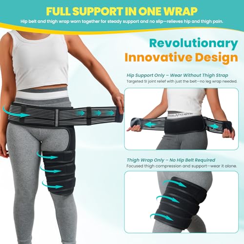 JUMPOW Hip Brace for Sciatica Pain Relief - Adjustable Compression Wrap Support, Hamstring Compression Sleeve for Arthritis, Groin Injury, Pulled Thigh, Hip Pain Relief (M Size, Left/Right Leg)