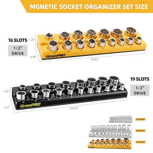 2-Piece Drive SAE & Metric Magnetic Socket Organizer, Holds 52 Sockets, Black & Yellow