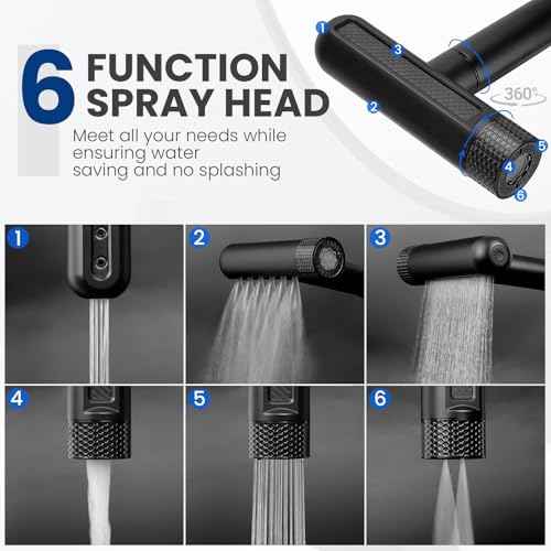 Matte Black Bathroom Faucet with Pull Down Sprayer, 6 Water Mode, Single Handle, 1 or 3 Hole Bathroom Sink Faucet with Pop Up Drain for RV Bar Laundry Vanity