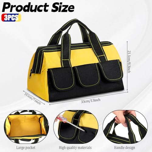 3 Pack 13 Inch Tool Bags for Men, Wide Mouth Tool Tote Bag with Waterproof Base Heavy Duty Tools Storage Bag for Electrician Carpenter Mechanic (Blue, Red, Yellow)