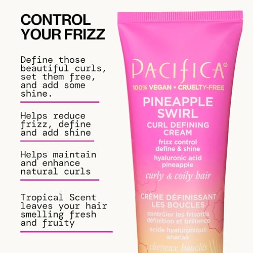 Pacifica Pineapple Swirl Curl Defining Cream – Bounce, Frizz Control & Curl Enhancer Styling Cream for Curly Hair & Wavy Hair – Coconut Oil & Hyaluronic Acid For No-Crunch Hold – Cruelty-Free – 4-oz