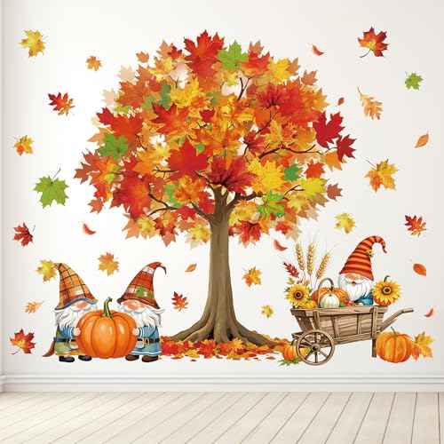 Fall Wall Stickers Maple Tree Leaves Gnome Wall Stickers Peel and Stick Large Room Mural Decals for Autumn Harvest Thanksgiving Party Home Nursery Bedroom Decor