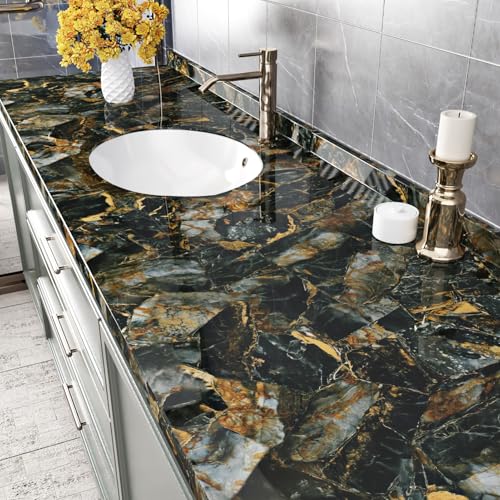 Glossy Black Gold Marble Contact Paper Peel and Stick for Countertops Black Marble Wallpaper Removable Countertop Contact Paper Waterproof for Kitchen Cabinets Backsplash Table 15.7"¡¿78.7"