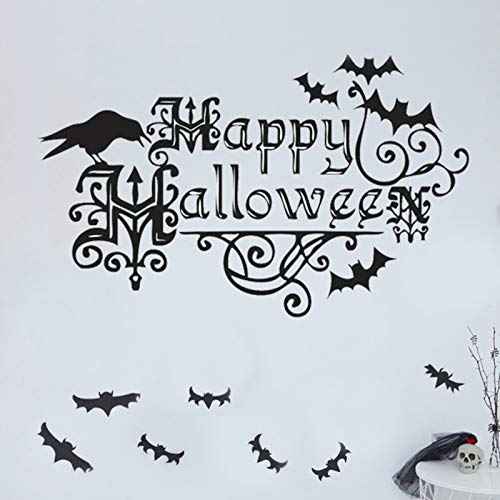 Scary Halloween Wall Stickers, Happy Halloween Letterings Wall Decals Bats Crows Window Home Decoration Decals, Removable Gothic Home Party Decor