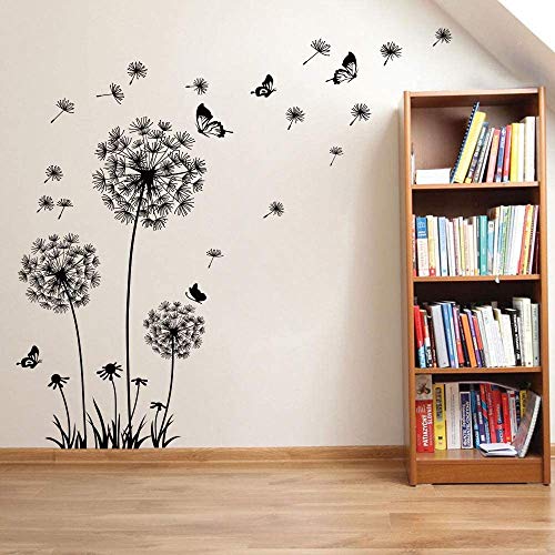 Runtoo Black Dandelion Wall Art Stickers - Large Flower Butterfly Wall Decals for Bedroom & Living Room