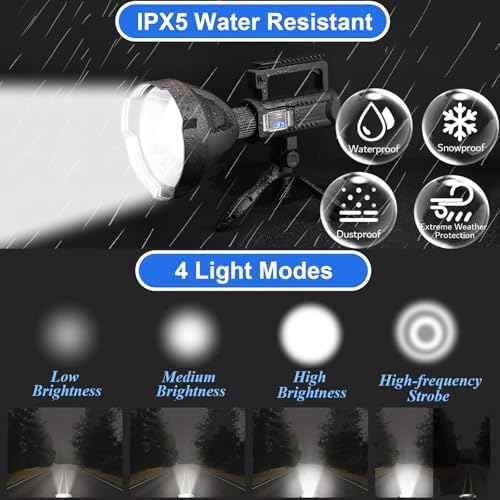 Rechargeable Spotlight Flashlight High Lumens 3,000,000L, Super Bright Led Spot Light Outdoor with Adjustable Tripod, 4 Modes High Powered Handheld with USB C, Waterproof for Boat, Emergency