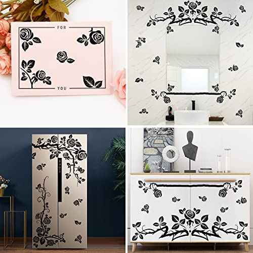 Amaonm Creative 3D Black Vinyl Flowers Wall Stickers - Removable DIY Flower Vine Wall Decals for Roses & Leaves Decor