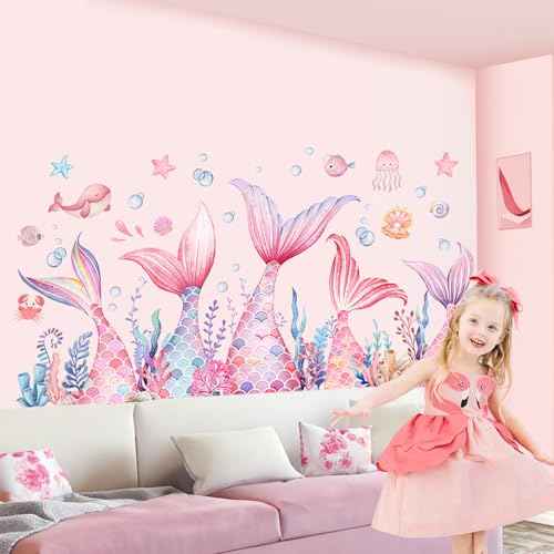 Mermaid Tail Wall Stickers, Sunoyar Colourful Mermaid Foam Wall Decals for Girls Kids, Removable Sea Marine Theme Mural Decor for Daycare Bedroom Bathroom (Pink)