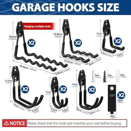 3-H Garage Hooks Heavy Duty with 2 Storage Straps, Utility Garage Wall Mount Hooks for Garden, Ladders, WeedEater, Shovel(Black)