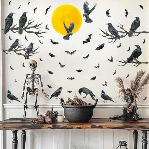 Halloween Crow Wall Decals Black Raven Tree Branches Decals Moon Bat Crow Window Stickers Moon Tree Branch Gothic Halloween Wall Stickers Raven Crows Wall Window Decorations