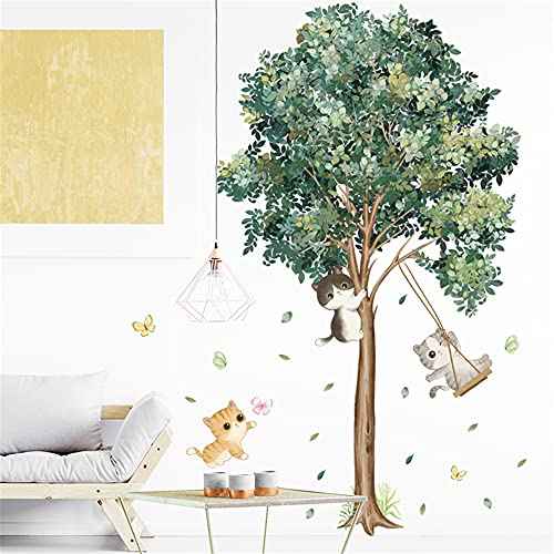 WAFT YEARN Removable Tree Green Plants Leaves Butterfly Flower Cat Hanging Vine Farmhouse Style Wall Decal Wall Stickers for Nursery School Classroom Bedroom Bathroom Boys Girls Room Playroom