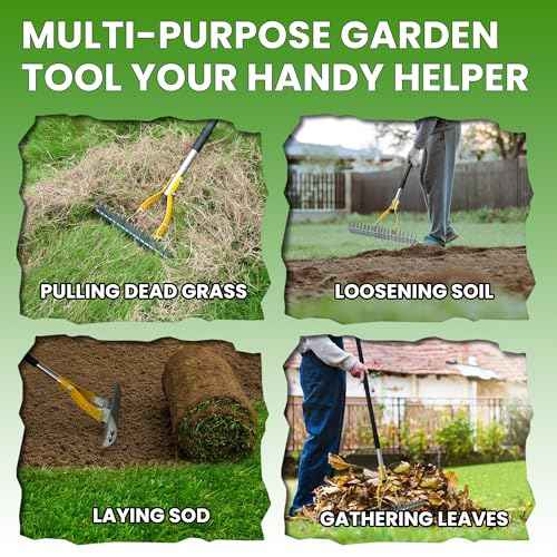 Thatch Rake for Lawn with 74inch Handle, 15 inch Dethatcher Rake for Grass to Cleaning Dead Grass, Efficient Steel Metal Rake for Dethatching, Heavy Duty Thatching Rakes for Garden, Yard