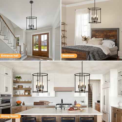 Luvkczc 4-Light Black Chandelier, Industrial Black Lantern Ceiling Light Fixtures with Rustic Metal Cage Adjustable Height Farmhouse Geometric Hanging Light for Kitchen Island, Dining Room, Entryway
