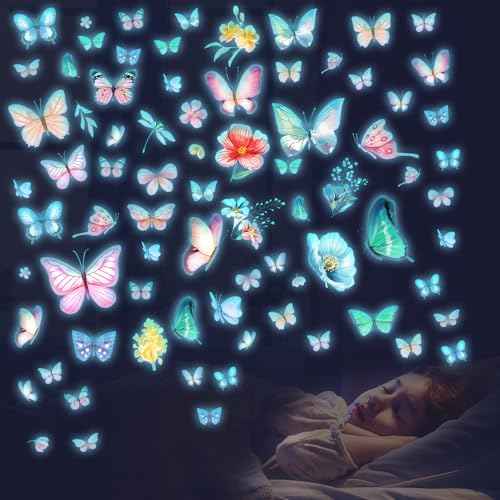 Glow in The Dark Butterfly Flower Wall Decals Glowing Luminous Butterflies Removable Self-Adhesive Wall Stickers for Girls Bedroom Nursery Living Room Decor 4 Sheets (Butterfly 1)
