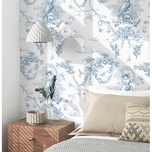CiCiwind Peel and Stick Wallpaper Blue and White Toile Wallpaper Vintage Removable Waterproof Wall Paper for Bathroom Bedroom Living Room French Contact Paper for Cabinets Vinyl Rolls 17.3"¡¿78.7"