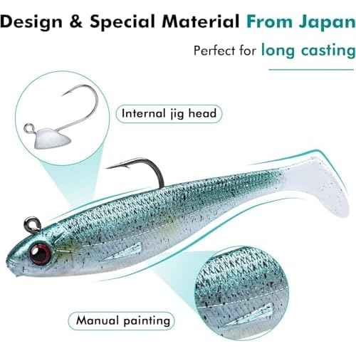 TRUSCEND Easy Catch Pre-Rigged Soft Lures, Unique Vibrating Swim Action and Trembly Sinking Move for More Bites, Amazing Soft Swimbait for Family Fishing, Fishing Lures for Bass Trout Crappie Walleye