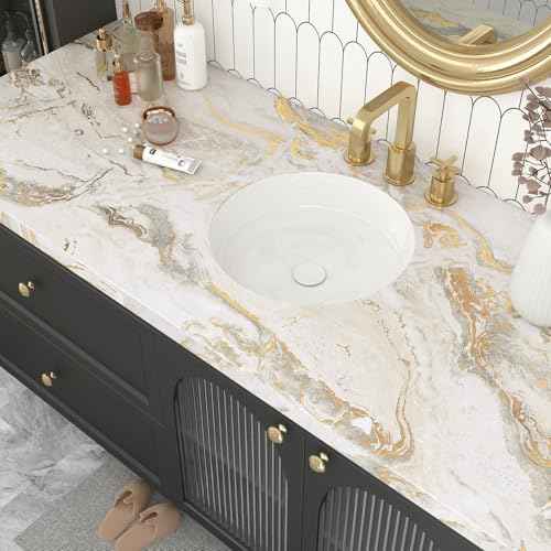 Livelynine Off White Marble Contact Paper for Countertops Desk Waterproof Gold Marble Wallpaper Peel and Stick Countertop Kitchen Vinyl Wrap Marble Counter Top Covers Bathroom Bedroom Walls 15.8x78.8