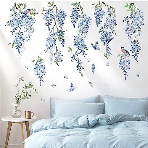 decalmile Hanging Flower Vine Wall Decal Blue Wisteria Floral Vines Wall Stickers Living Room Bedroom Sofa TV Background Wall Decor