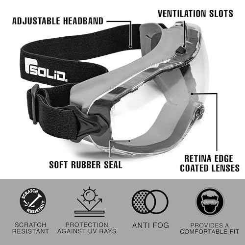 SolidWork Safety Goggles Anti-Fog Clear Lens with Adjustable Elastic Headband. Protective Eyewear for Men & Women