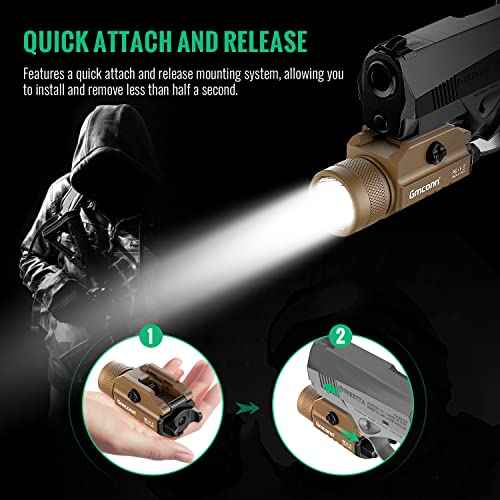 Gmconn 1200 Lumens Rail Mounted Compact Pistol Light LED Strobe Tactical Gun Flashlight Weaponlight for Picatinny MIL-STD-1913 and Glock Pistol Weapon Light with 2 x CR123A Lithium Batteries