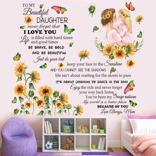 Inspirational Quote Decal for Daughter - Removable Peel & Sticker Vinyl Wall Sticker, Floral Theme for Bedroom, Playroom, Living Room - Yellow