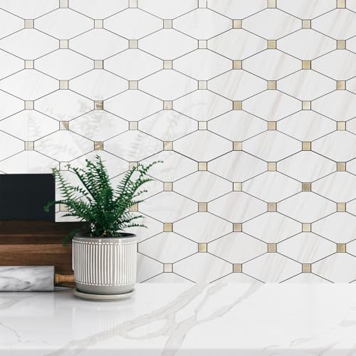 STICKGOO 1 Sheet Peel and Stick Backsplash, Polished Dolomite PVC Mixed Metal Gold Kitchen Backsplash, Stick on Backsplash Wall Tiles for Kitchen, Bathroom, RV