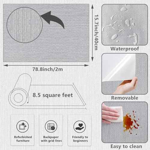 Grasscloth Peel and Stick Wallpaper Textured Gray Fabric Wallpaper Faux Linen Wallpapers 15.7"x78.8" Textured Contact Paper for Cabinets Self Adhesive Removable Wall Paper for Bedroom