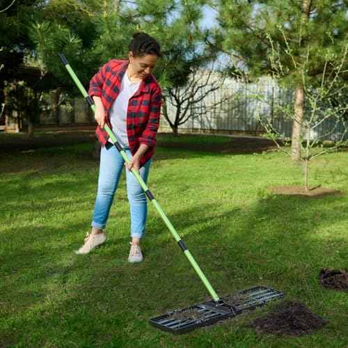Lawn Leveling Rake 30x10 inch,Stainless Steel Lawn Leveler with Green Positioning Stakes,78" Adjustable Long Handle,Heavy Duty Level Lawn Tool for Backyard, Garden, Golf Course, Farm, Pasture