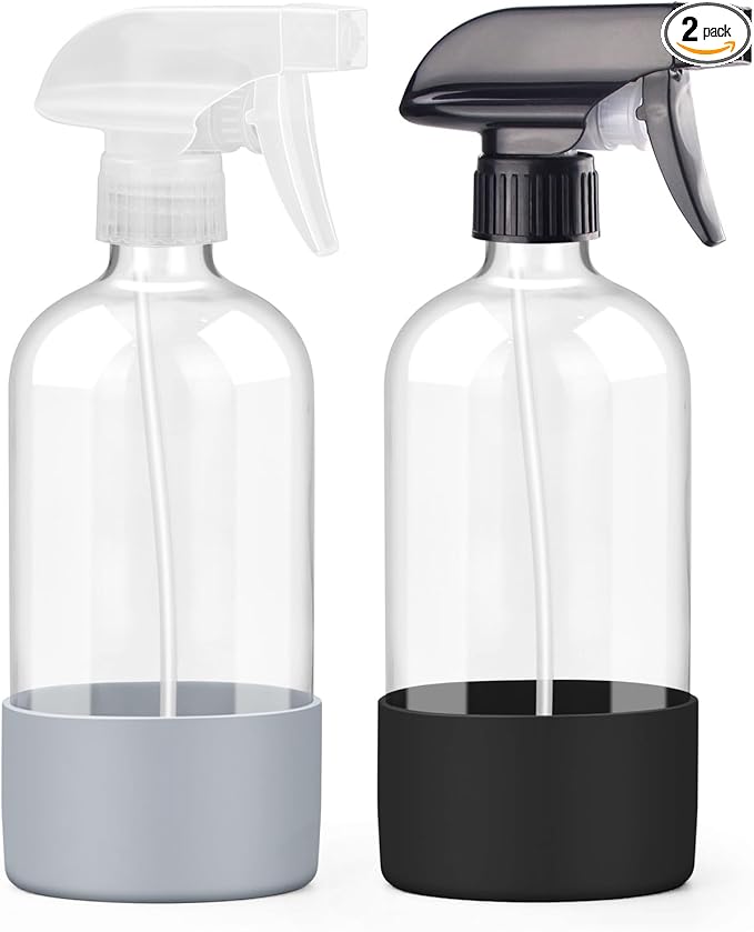 Worldgsb 2 Pack Glass Spray Bottles with Silicone Sleeve, 16 oz Empty Refillable Containers with Adjustable Spray Nozzles, Spray Bottles for Hair, Cleaning Solutions and Plants Black&Grey