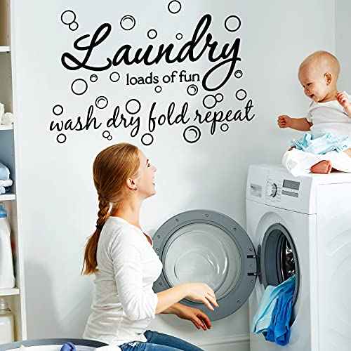 Laundry Room Vinyl Wall Decal Bubble Sticker Saying Laundry Loads of Fun Wall Decor Wash Dry Fold Repeat Quote Sticker Laundry Art Signs for Room Home Apartment