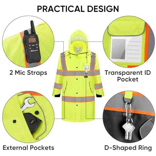 TICONN Reflective Rain Coat, Waterproof Hi Vis Safety Rain Jacket, Heavy Duty ANSI Class 3 High Visibility Trench Coat