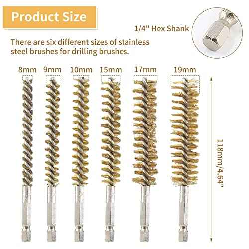 Uenhoy 6 Pieces Brass Bore Brushes in Different Sizes, Brass Bristles Wire Cleaning Brush for Power Drill Impact Driver, with 1/4 Inch Hex Shank, 4 Inch in Length (8/10/12/15/17/19mm)