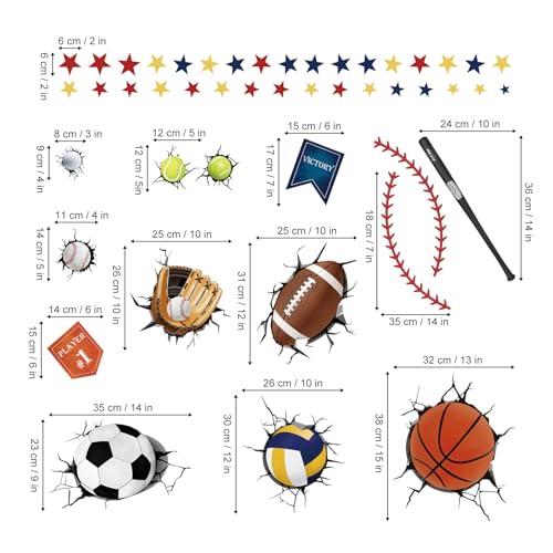 decalmile 3D Sports Balls Wall Decals Basketball Football Soccer Tennis Wall Stickers Boys Bedroom Kids Room Playroom Wall Decor
