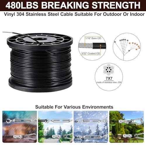 String Light Hanging Kits, 450FT Coated Stainless Steel 304 Wire Rope, Outdoor Black Guy Wire kit w/Expansion Hook, Enough Accessories, Humanized Collocation