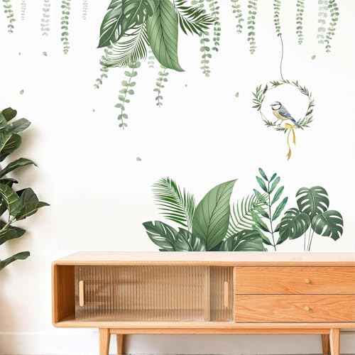 LHIUEM Green Tropical Leaves Wall Stickers Hanging Plants Green Jungle Wall Decals Parrot Wall Art Nature Hanging Vine Palm Clings for Bedroom Living Room Sofa TV Background