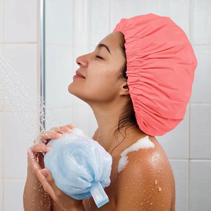 Reusable Shower Cap for Women, Large Waterproof Shower Bonnet with Elastic Band, Washable Bath Hair Cap for Long, Curly Hair, Braids, Daily Shower, Home Spa, Travel(Orange Pink)