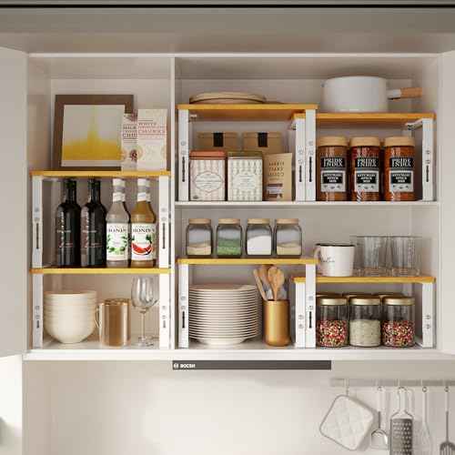 Adjustable Storage Shelves for Kitchen Cabinet Organization - Set of 2 Stackable Metal & Engineered Wood Racks, Space-Saving Design for Countertop/Pantry/Garage, Easy Assembly(2 Packs/Large/White)