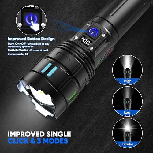 Rechargeable Flashlights High Lumens 10000 Long Distance, Single Click 3 Modes, Super Bright LED Flashlight USB C Long Lasting 15H, Powerful Strong Flash Light for Security Hiking Camping